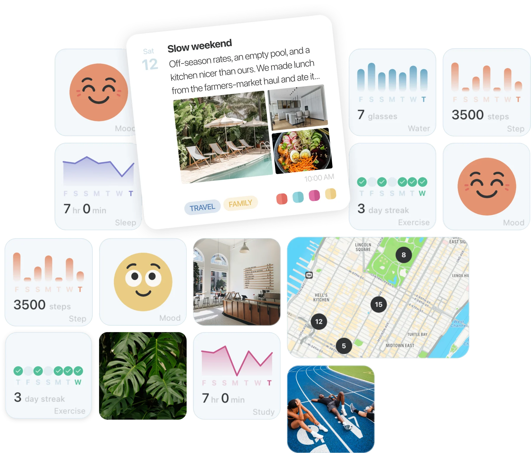 Mindspace widgets — a journal entry with photos, plus mood, sleep, steps, water and exercise trackers, places on a map, and saved moments