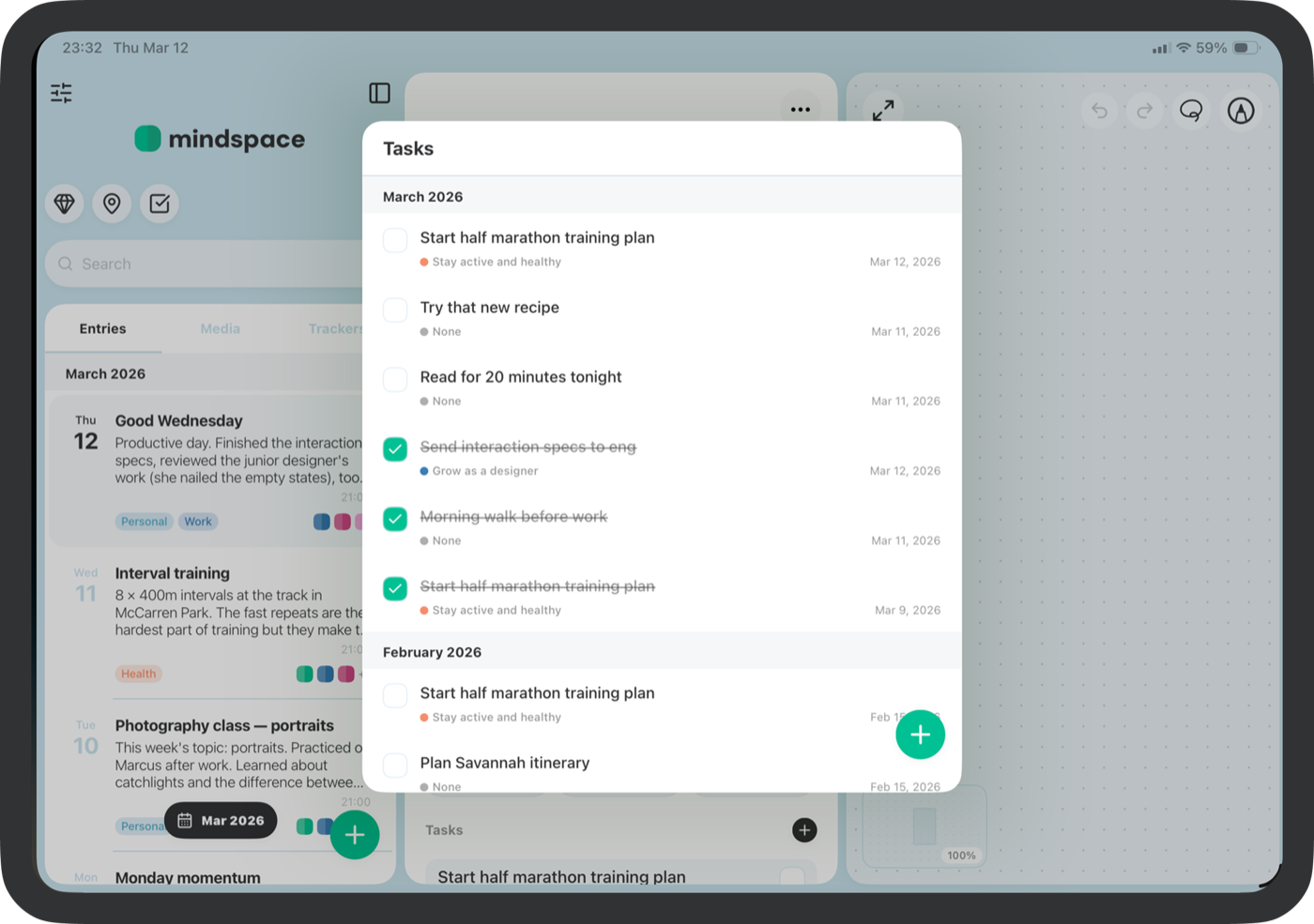 Mindspace tasks view on iPad