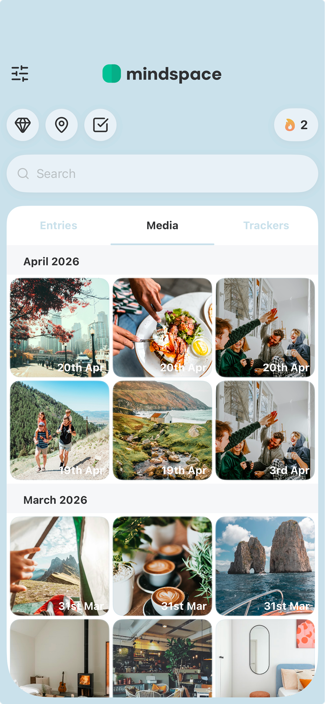 Mindspace Media screen — a photo gallery organized by date