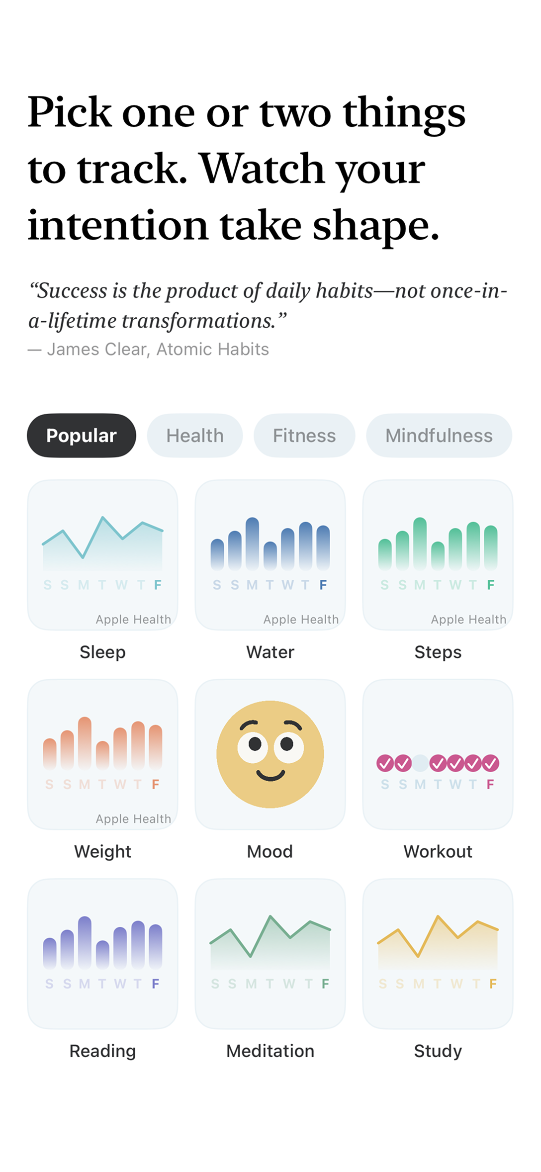 Mindspace Trackers screen — tracker templates for mood, water, steps, and more