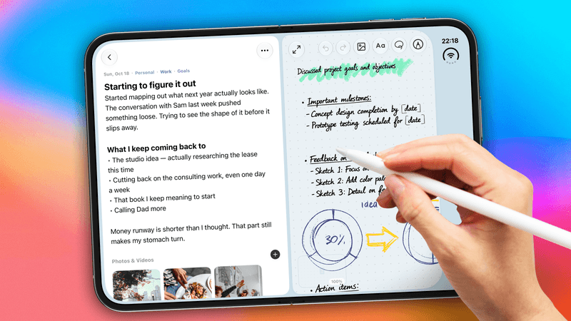 An unfolded iPhone Duo held in landscape running Mindspace, with a typed journal entry and photo strip in the left pane and a handwritten Apple Pencil canvas of project notes and sketches in the right pane