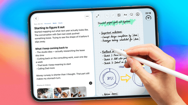 An unfolded iPhone Duo held in landscape running Mindspace, with a typed journal entry and photo strip in the left pane and a handwritten Apple Pencil canvas of project notes and sketches in the right pane
