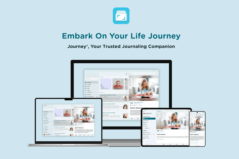 Journey journaling app shown on Mac, iPad, and phone with the tagline "Embark On Your Life Journey — Your Trusted Journaling Companion"