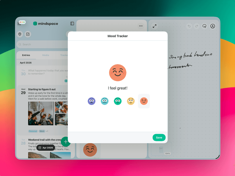The Mindspace app on iPad showing a mood check-in, one of the free journaling features available without paying