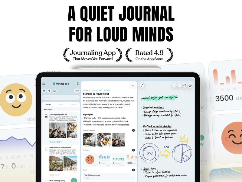 Mindspace shown on iPad with the tagline "A quiet journal for loud minds" — combining a structured timeline of entries with a freeform handwriting canvas