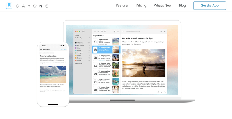 The Day One journaling app shown on a MacBook and iPhone, displaying a photo-rich travel entry alongside a timeline of past entries