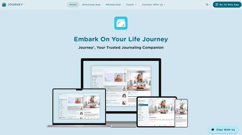 The Journey journaling app shown across a desktop, laptop, tablet, and phone under the headline "Embark On Your Life Journey"
