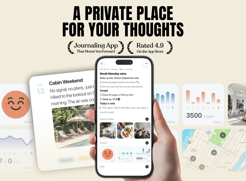 A hand holding an iPhone showing a Mindspace journal entry with tasks, a daily note, a photo and video grid, and mood, exercise, and step trackers, under the headline "A private place for your thoughts"
