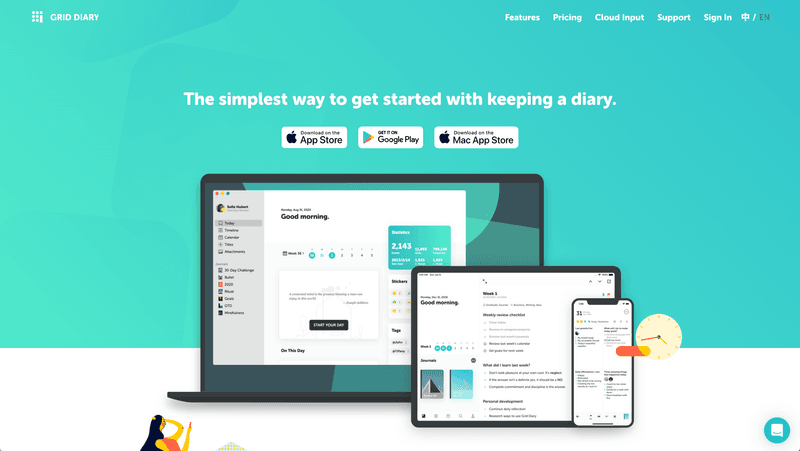 The Grid Diary app shown on a Mac, iPad, and iPhone under the headline "The simplest way to get started with keeping a diary"