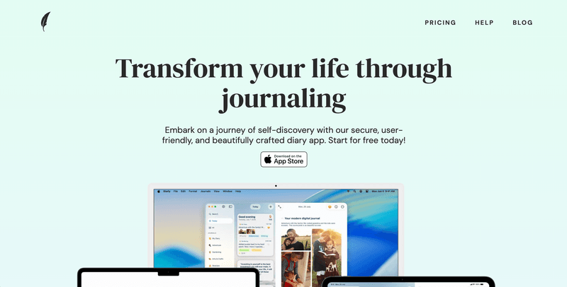 The Diarly journaling app shown on a Mac, iPad, and iPhone under the headline "Transform your life through journaling"