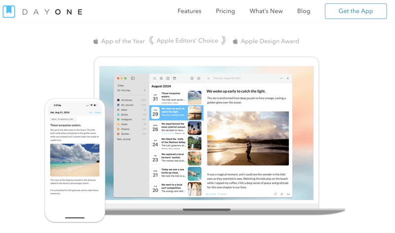 Day One journal app shown on a MacBook and iPhone, highlighting App of the Year, Apple Editors' Choice, and Apple Design Award