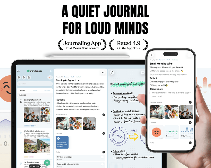 Mindspace journal app shown on iPad and iPhone with the tagline "A quiet journal for loud minds"