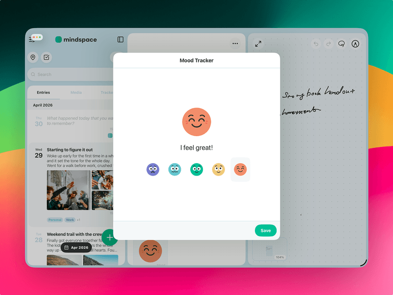 Mood tracking feature on Mindspace — the iPad app shows a Mood Tracker check-in with an "I feel great!" selection