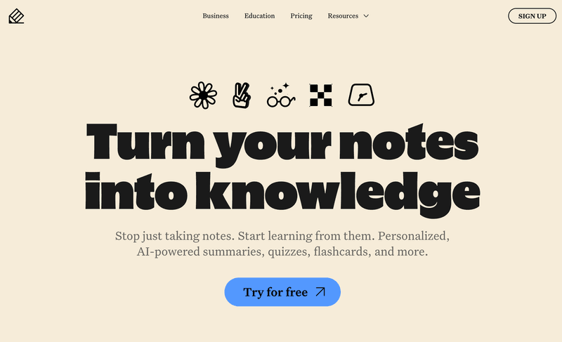 Notability marketing page with the "Turn your notes into knowledge" hero and a Try for free call to action