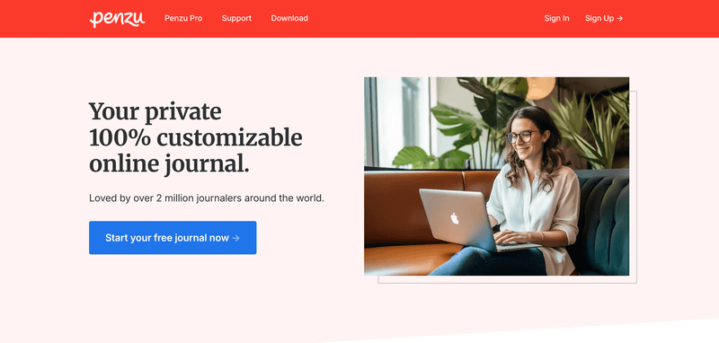 The Penzu website headline "Your private 100% customizable online journal" beside a photo of a woman journaling on a laptop