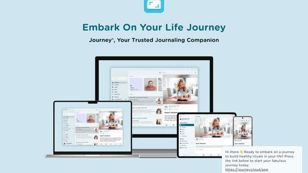 The Journey journaling app displayed across multiple devices, highlighting its cross-platform reach