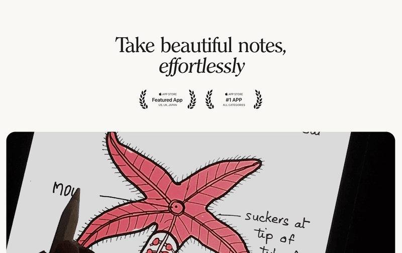 Noteshelf marketing page with the tagline "Take beautiful notes, effortlessly" above a hand-drawn starfish illustration on iPad