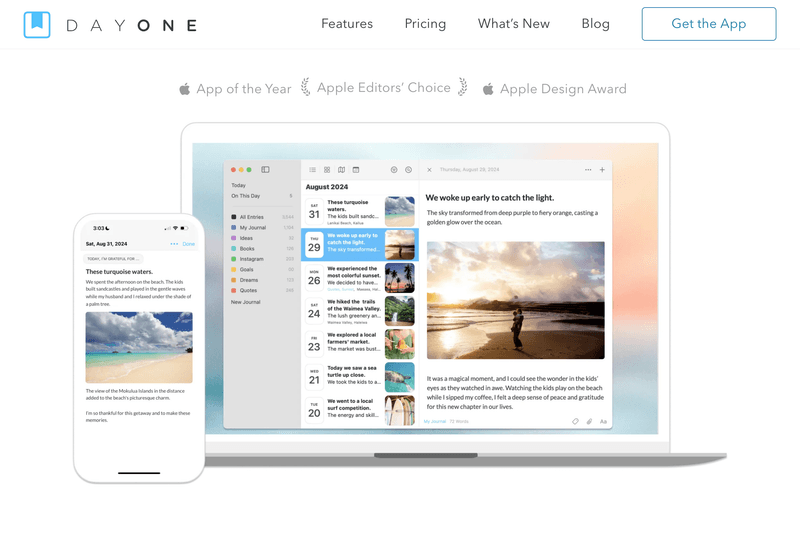 Day One journal app shown on a MacBook and iPhone, highlighting App of the Year, Apple Editors' Choice, and Apple Design Award