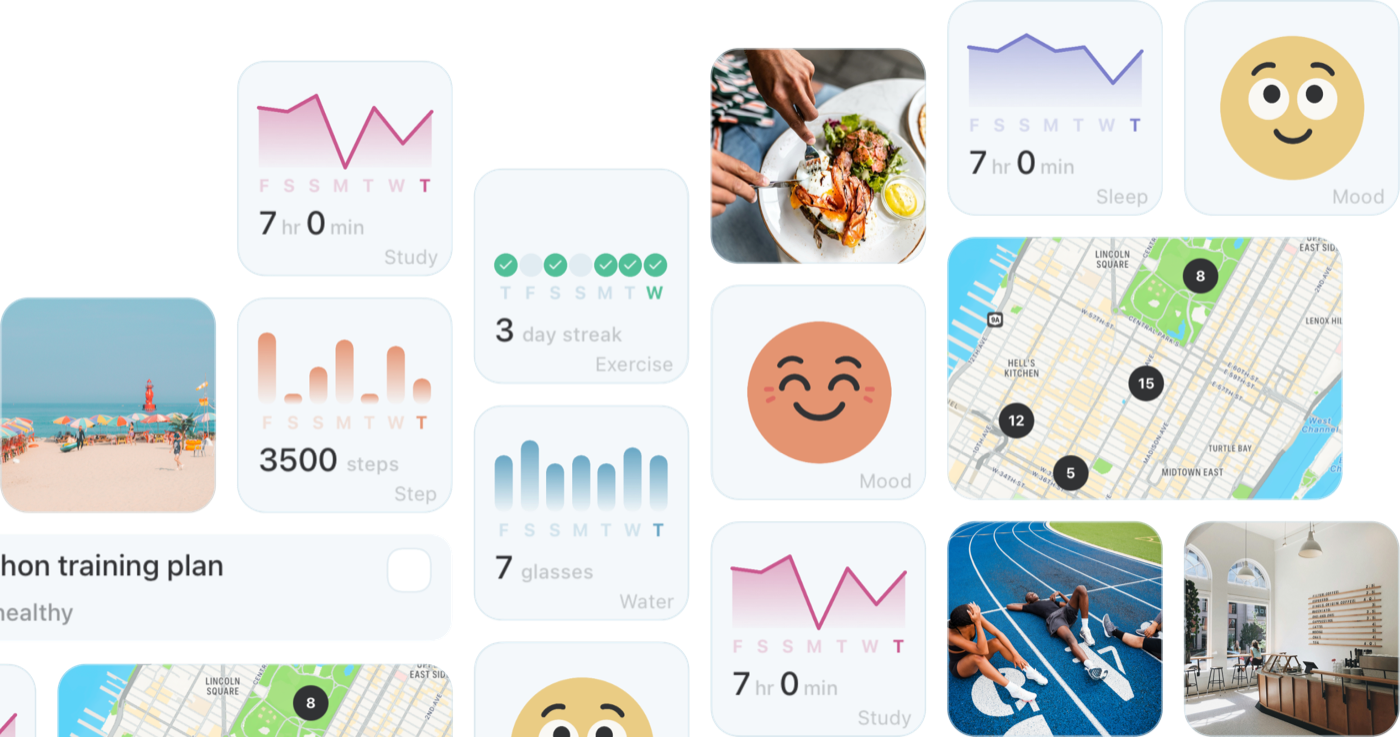 Mindspace trackers showing study, steps, exercise, mood, water, and sleep
